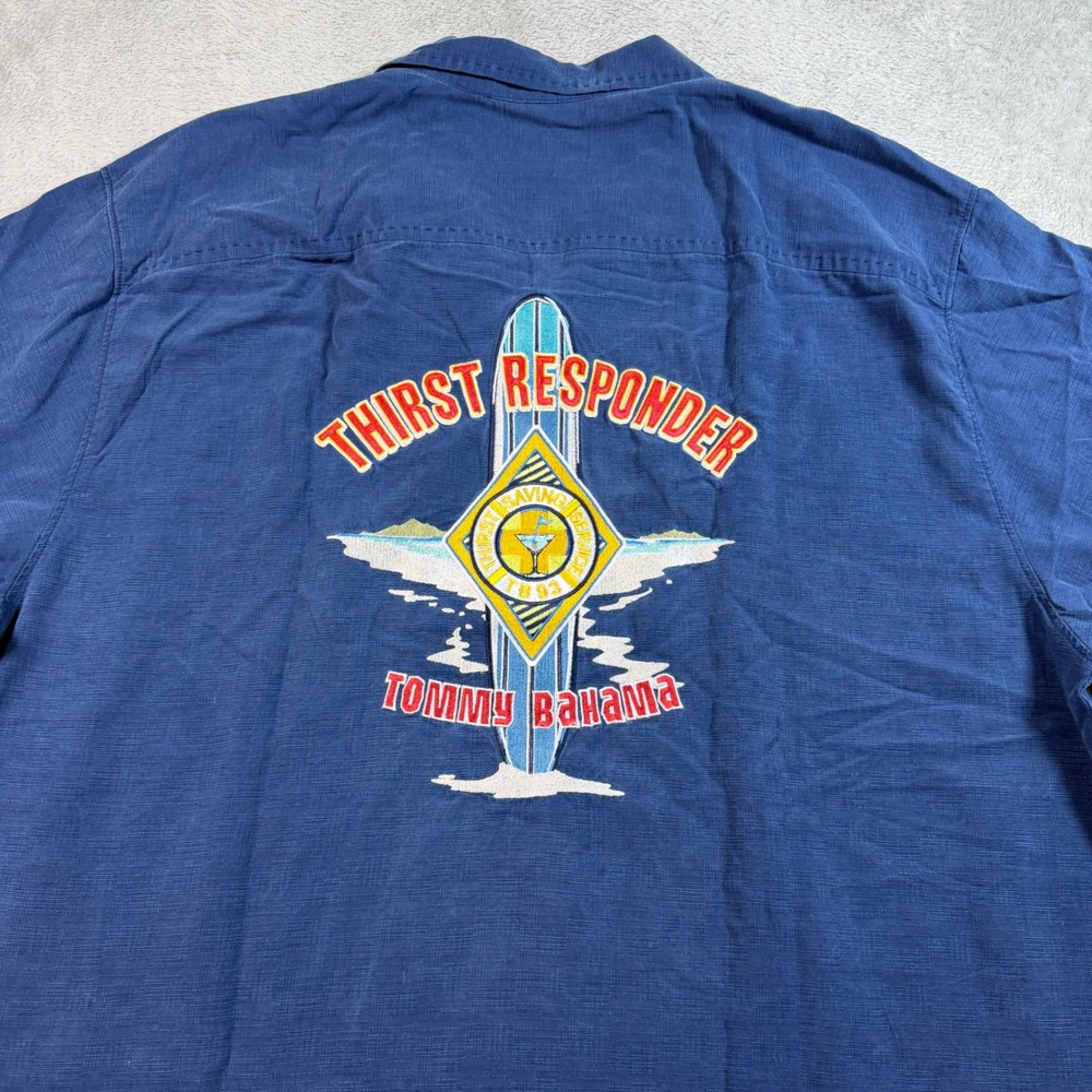 Tommy Bahama Silk Camp Shirt Men Large Blue Thirst Responder Graphic Loop Collar